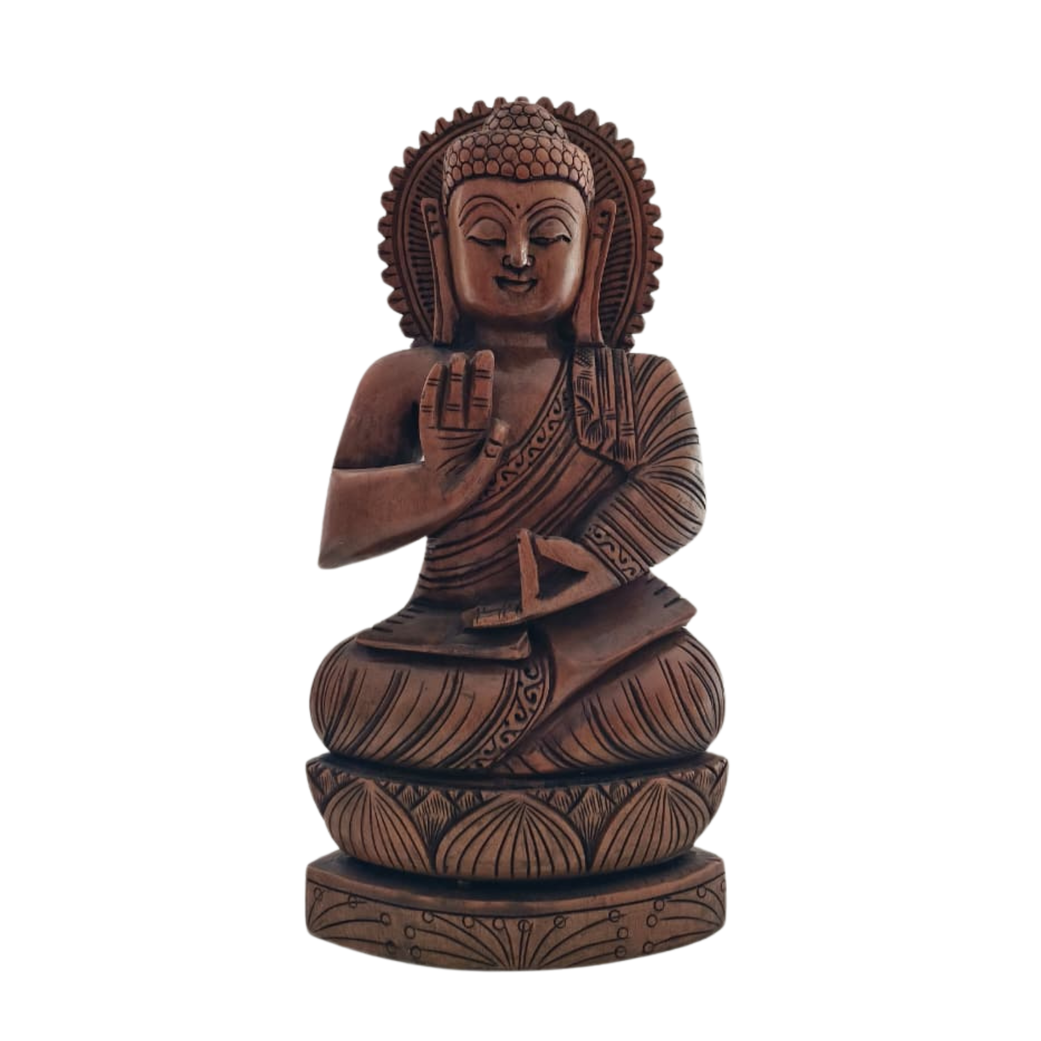 Hand-Carved Wooden Buddha Sitting In Lotus Decorative Background Panel
