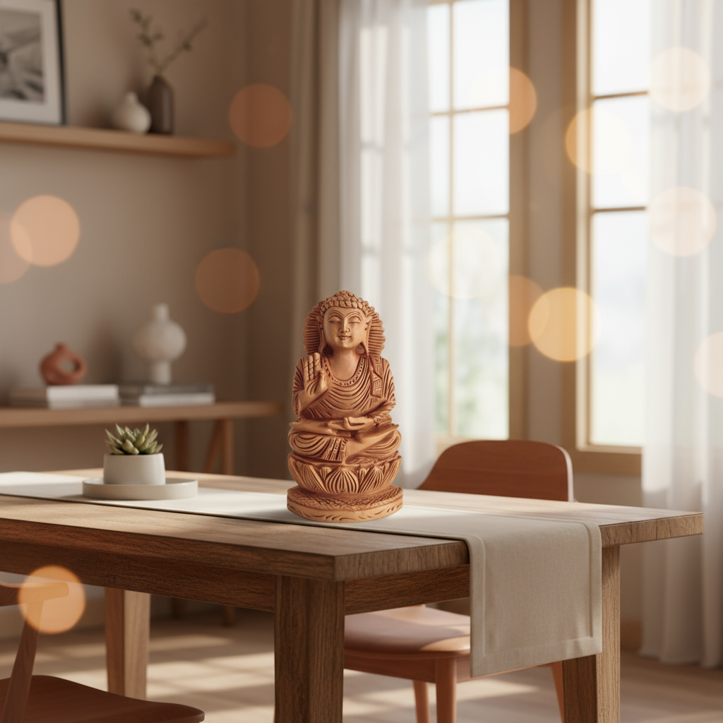 Hand-Carved Wooden Buddha Statue in Vitarka Mudra on Lotus Base