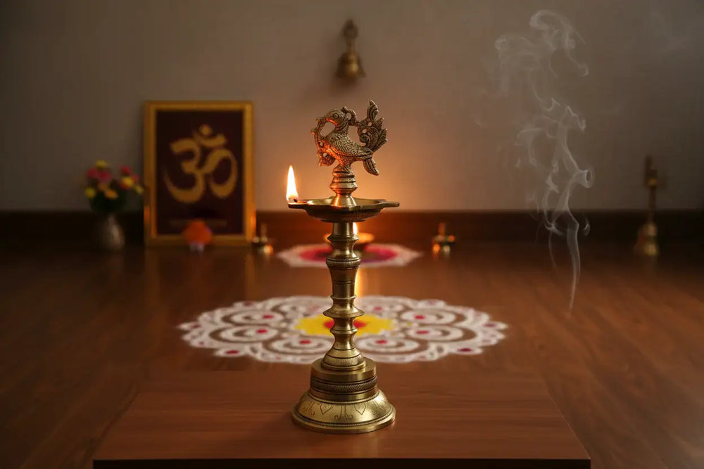 Brass Peacock Oil Lamp – Standing Pooja Deepam   Brass Ware