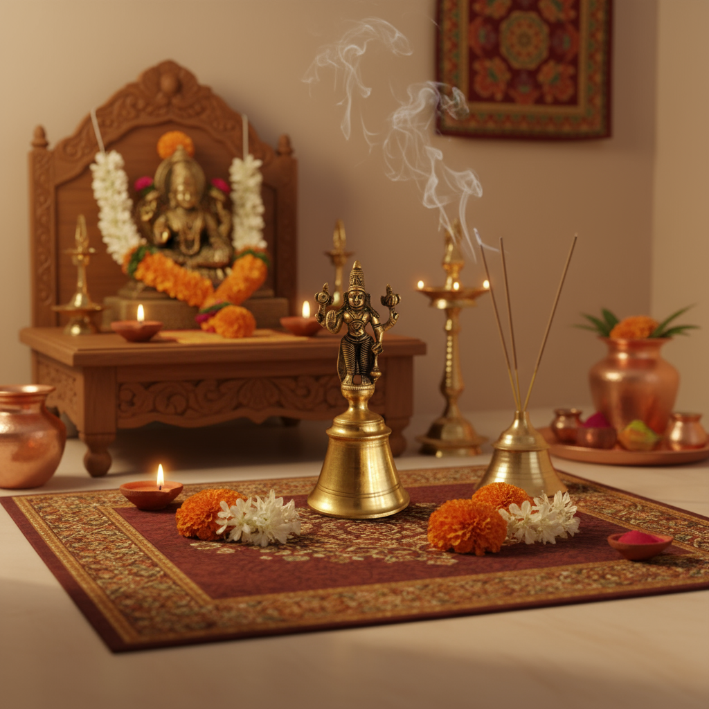 Small, polished brass temple bell (ghanti) with a miniature standing idol of the four-armed Lord Vishnu as the handle.