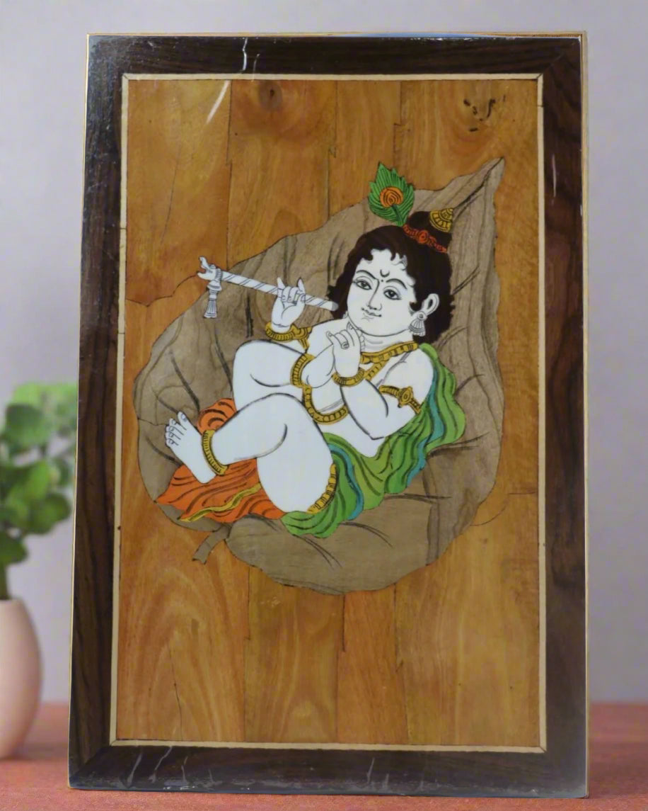 Charming Little Krishna in Rosewood Inlay – Handcrafted Religious Wall Décor