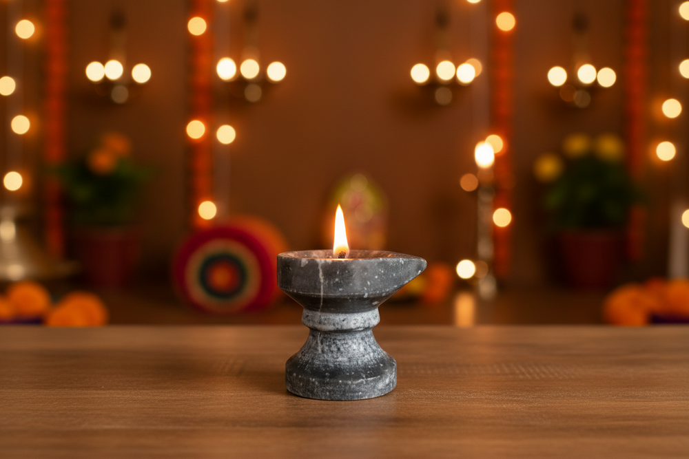 Black Marble Diya with Stand – Oil Lamp for Pooja & Home Décor   Marble Soft Stone