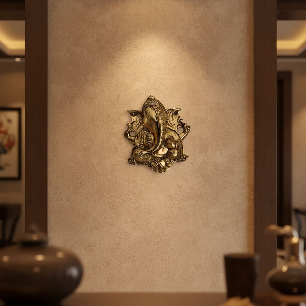 Handcrafted Ganpati Wall Hanging with Antique Gold Finish   Brass Artwork