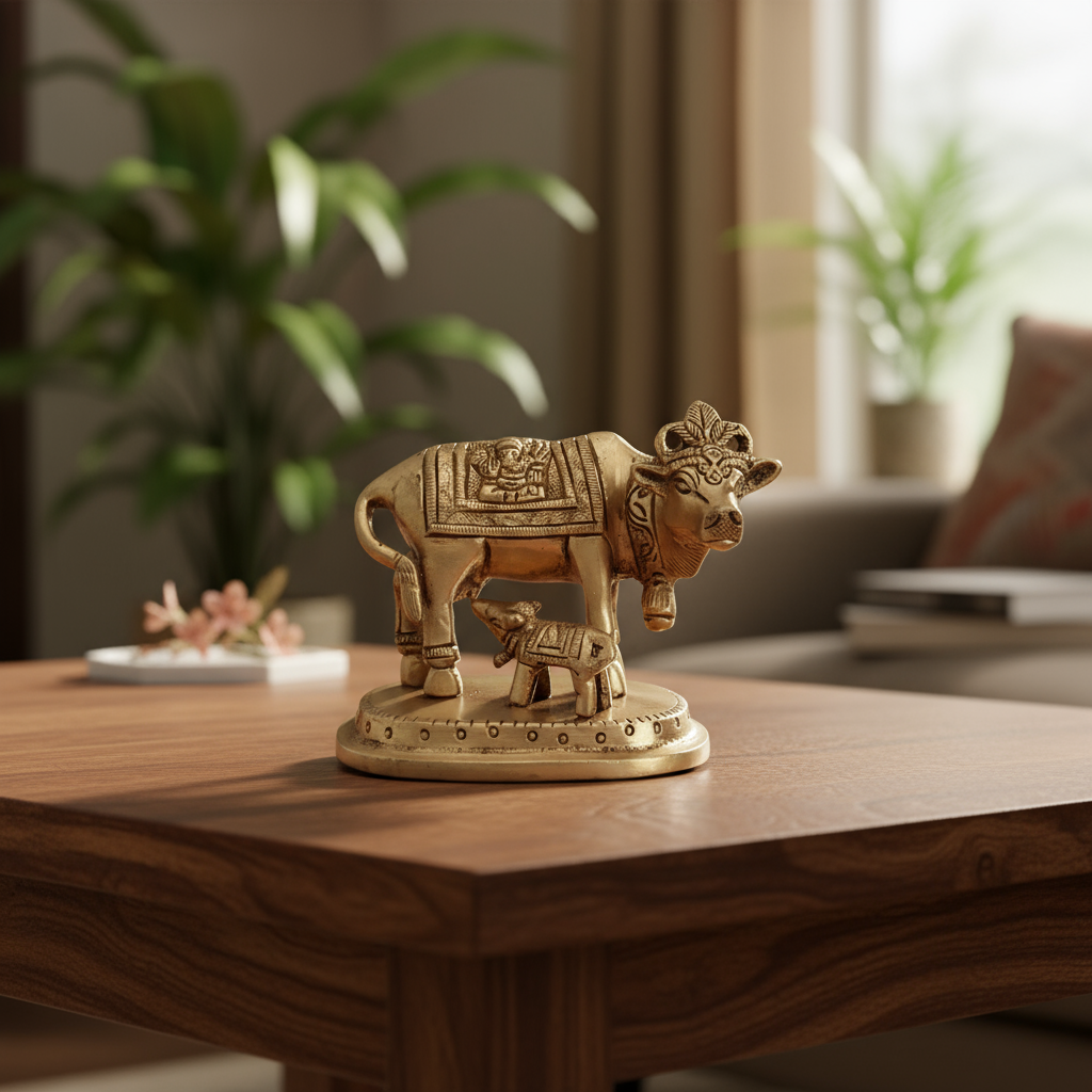 Brass Kamadhenu Cow and Calf Idol – Divine Gau Mata for Wealth