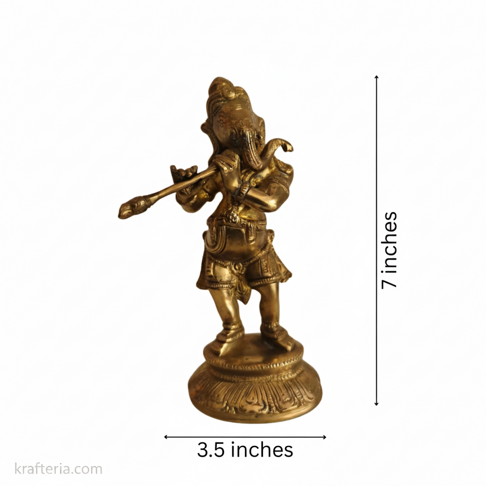 Lord Ganesha Playing Flute Altar Idol   Brass Artwork