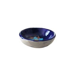 Round Blue Pottery Diya with Floral Accent | Hand-Painted Oil Lamp