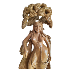 Hand-Carved Wooden Salabhanjika (Celestial Maiden) under a Fruiting Tree