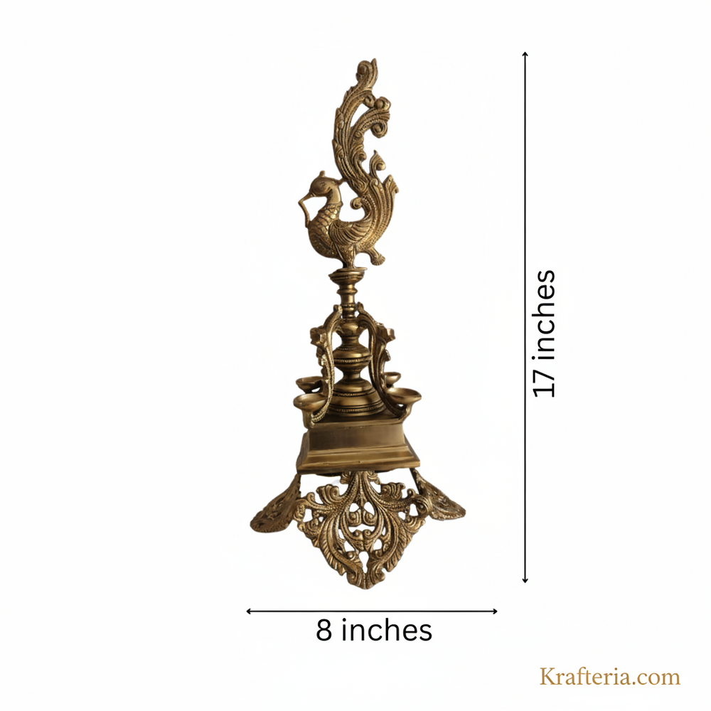 Brass Peacock Pedestal Diya – 4 Wick Traditional Standing Oil Lamp   Brass Artwork