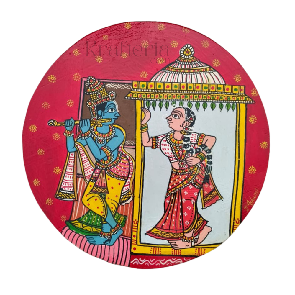 Cheriyal Radha Krishna Doorway Wall Art – Hand-Painted Round Design   wall decor
