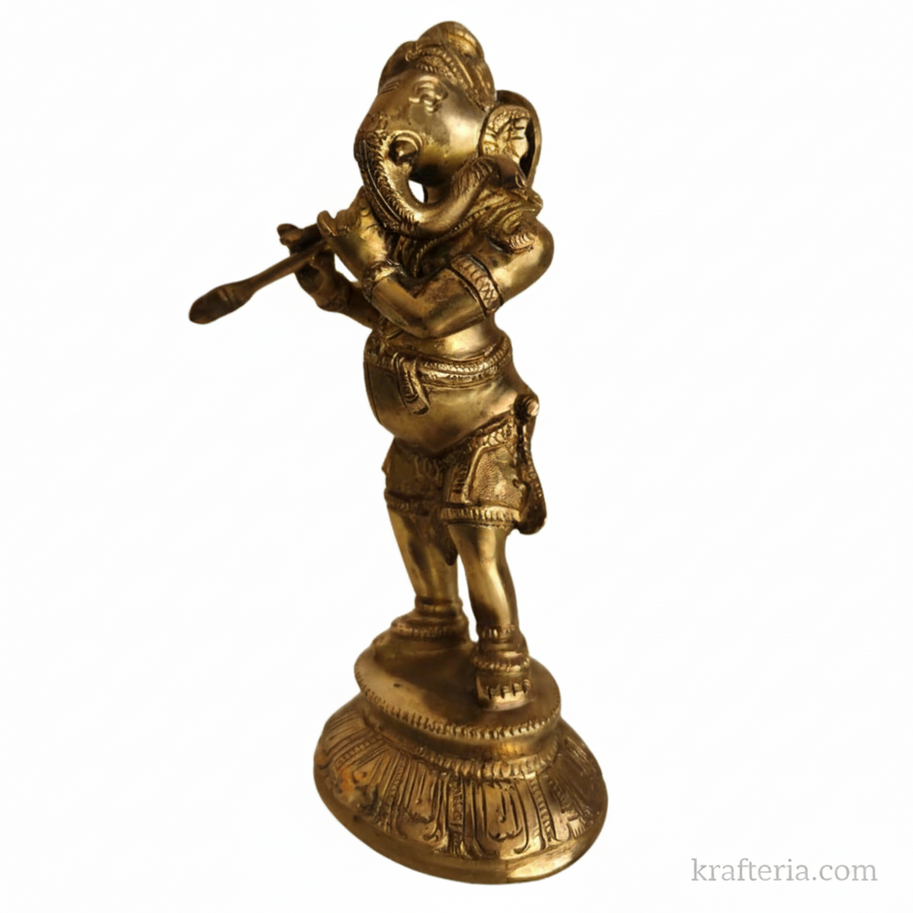 Lord Ganesha Playing Flute Altar Idol   Brass Artwork