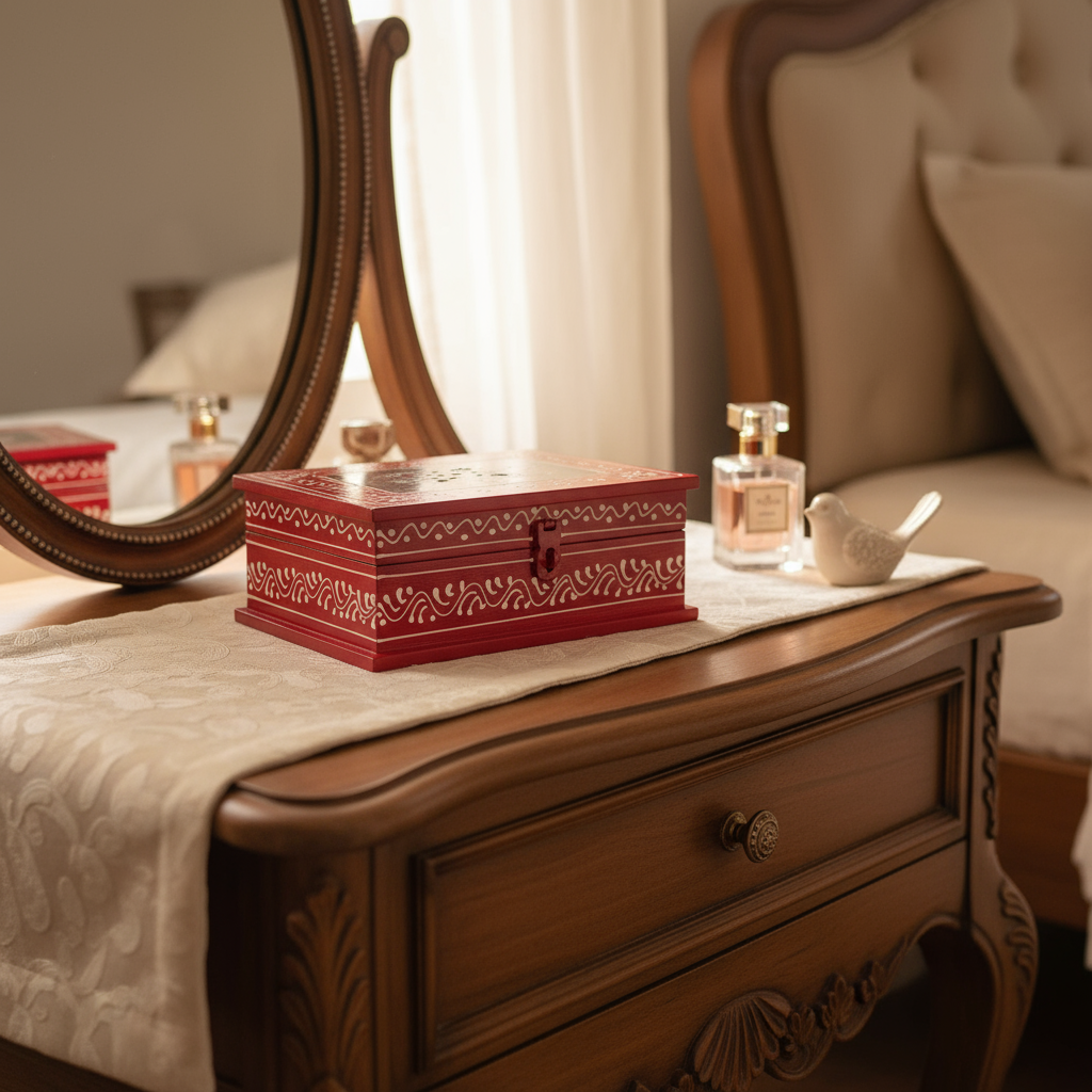 Intricate mandala motif hand-painted wooden jewellery box with colorful detailing and multiple dividers