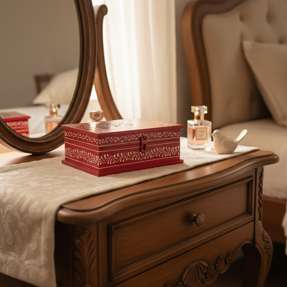 Intricate mandala motif hand-painted wooden jewellery box with colorful detailing and multiple dividers