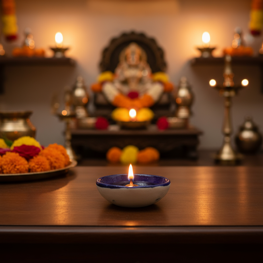 Round Blue Pottery Diya with Floral Accent | Hand-Painted Oil Lamp