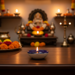 Round Blue Pottery Diya with Floral Accent | Hand-Painted Oil Lamp