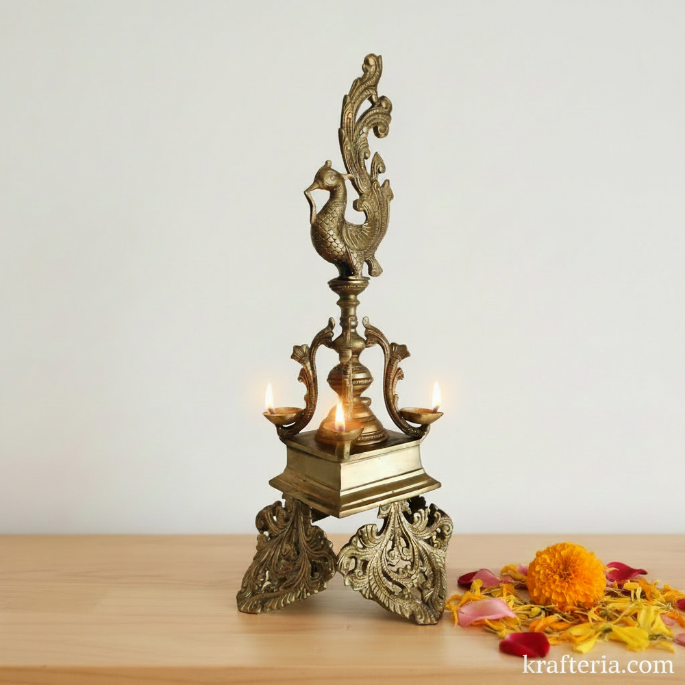 Brass Peacock Pedestal Diya – 4 Wick Traditional Standing Oil Lamp   Brass Artwork