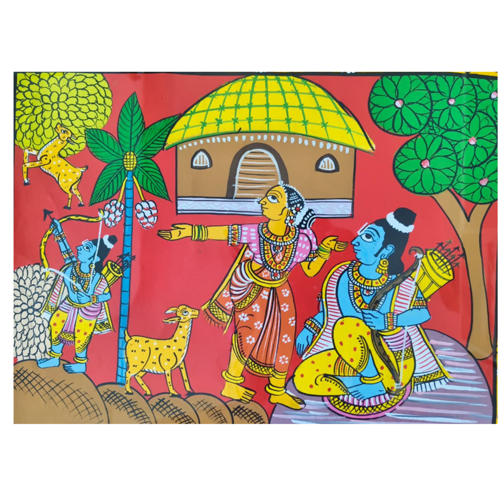 Hand-Painted Rama, Sita & Golden Deer Cheriyal Painting   Cheriyala Painting