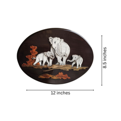 Elephant Family in the Forest – Oval Rosewood Inlay Art Frame