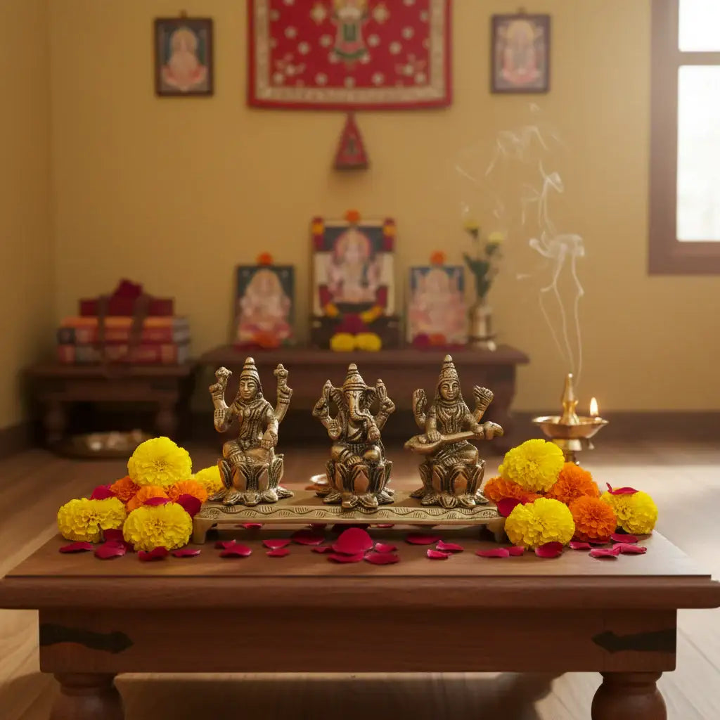 Brass Lakshmi Ganesha Saraswati Idol Set   Brass Ware