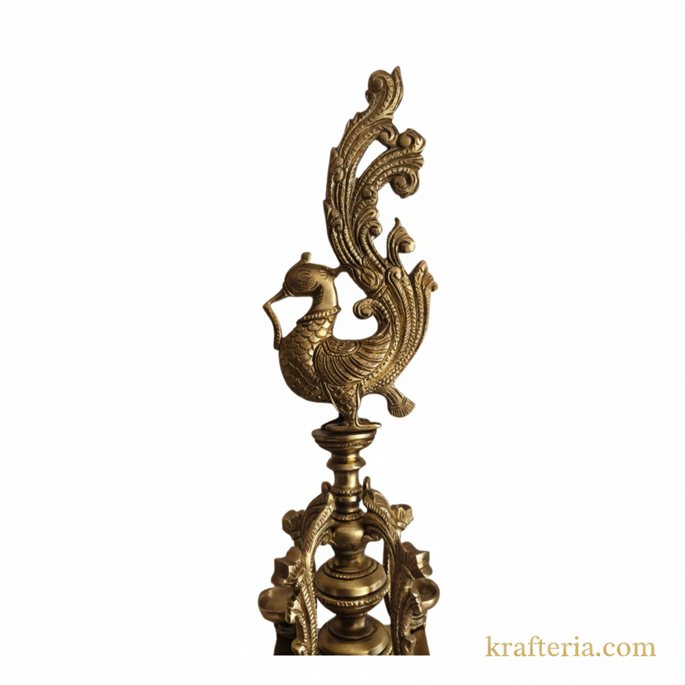 Brass Peacock Pedestal Diya – 4 Wick Traditional Standing Oil Lamp   Brass Artwork
