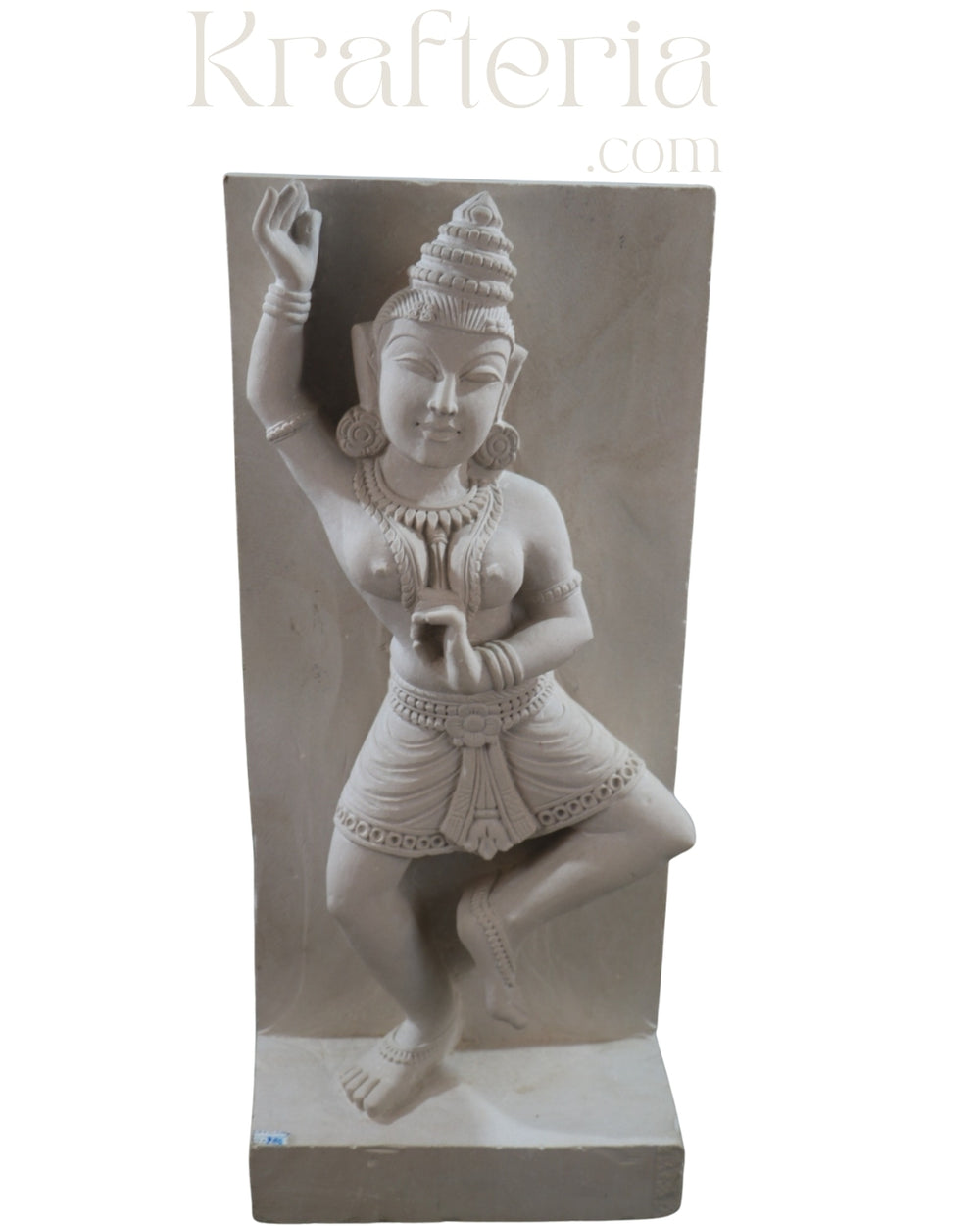 White stone sculpture of a dancer with intricate details on a white background, branded 'Krafteria'.