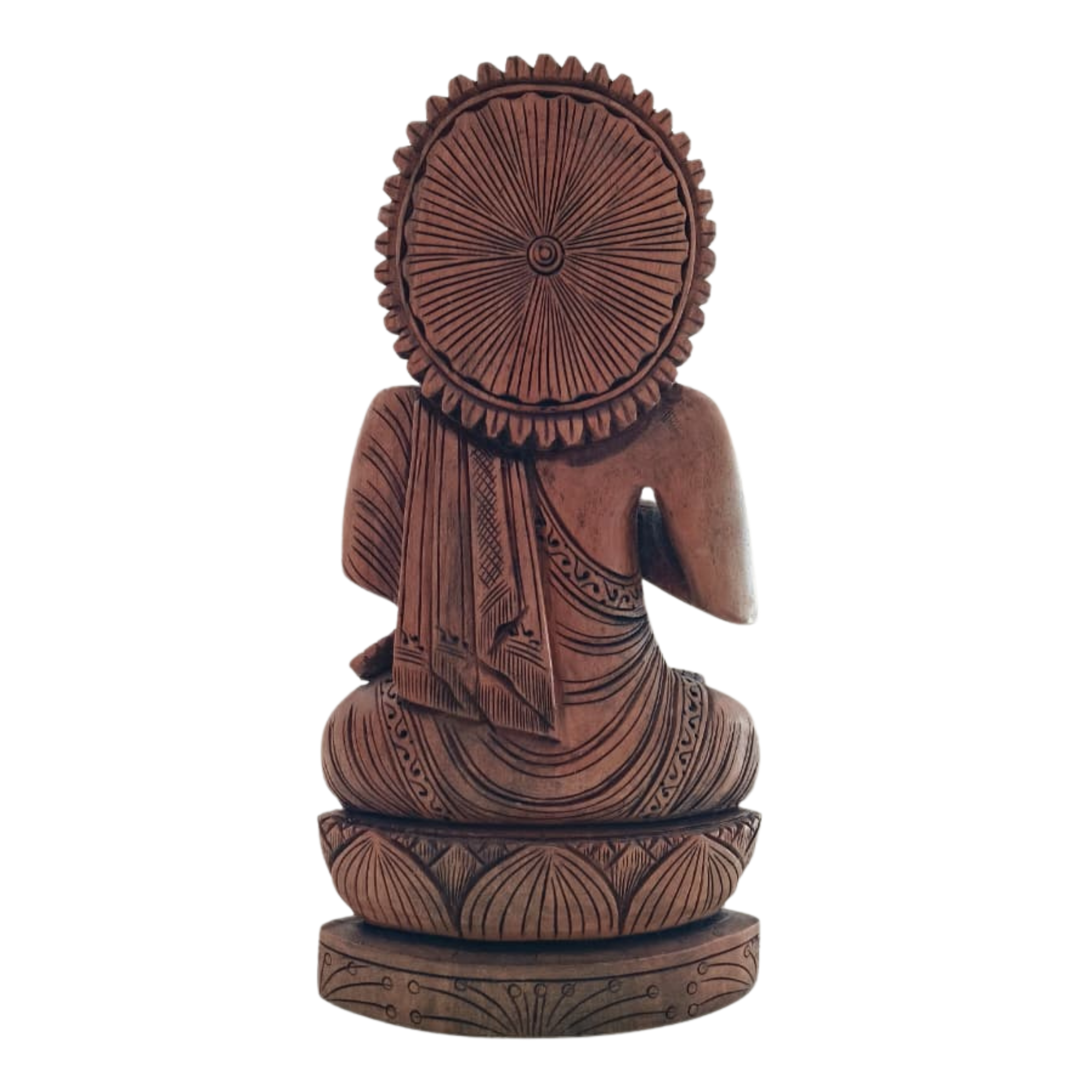 Hand-Carved Wooden Buddha Sitting In Lotus Decorative Background Panel