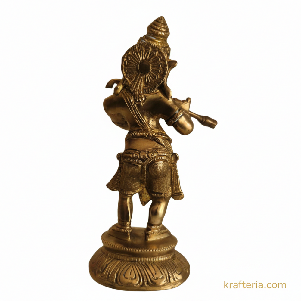 Lord Ganesha Playing Flute Altar Idol   Brass Artwork