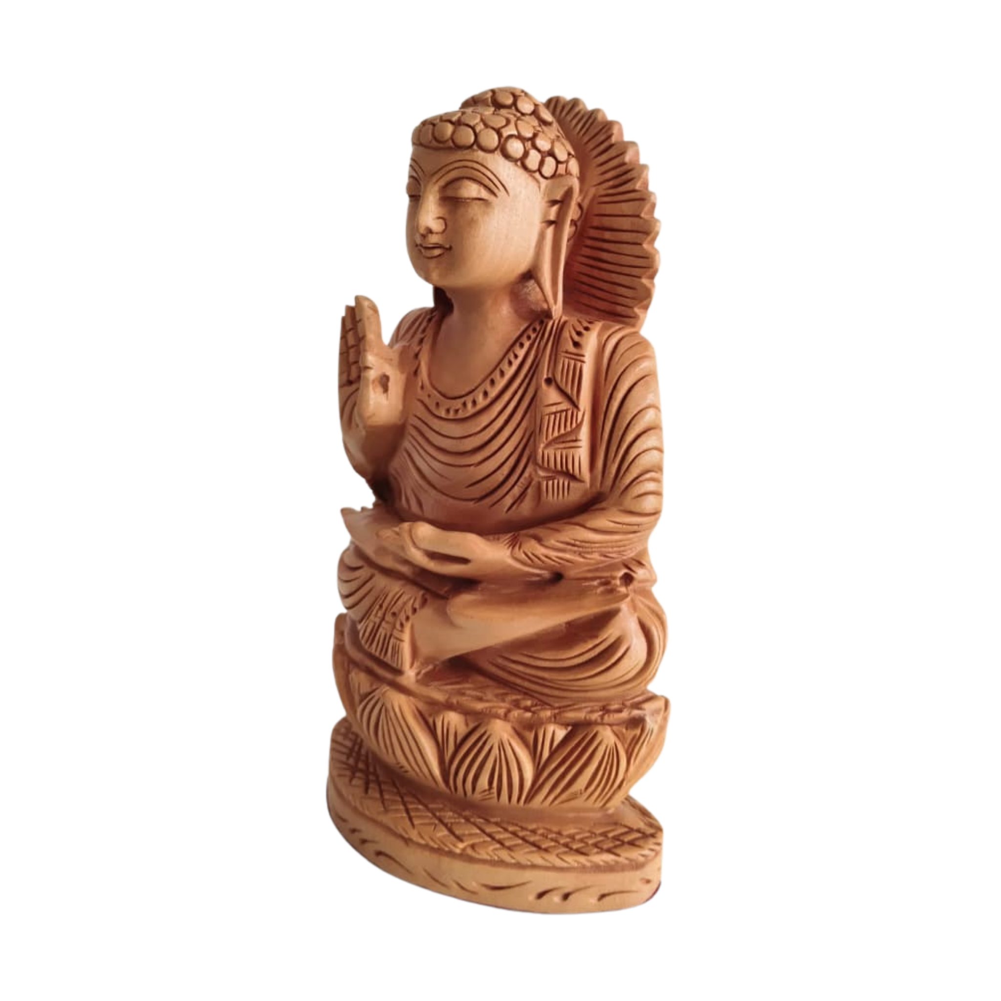 Hand-Carved Wooden Buddha Statue in Vitarka Mudra on Lotus Base