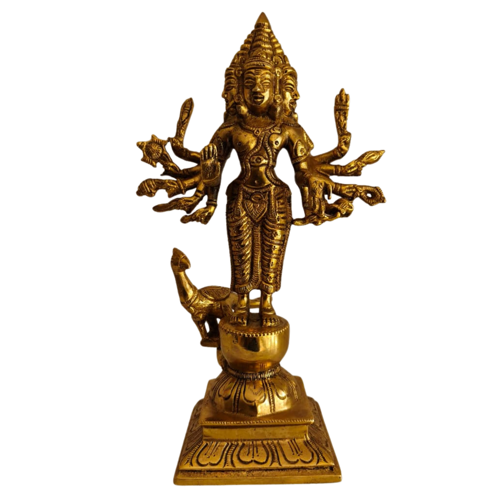 Shanmukha Murugan Brass Idol - 6 Faced Lord Kartikeya Statue with Vel and Peacock   Brass Artwork