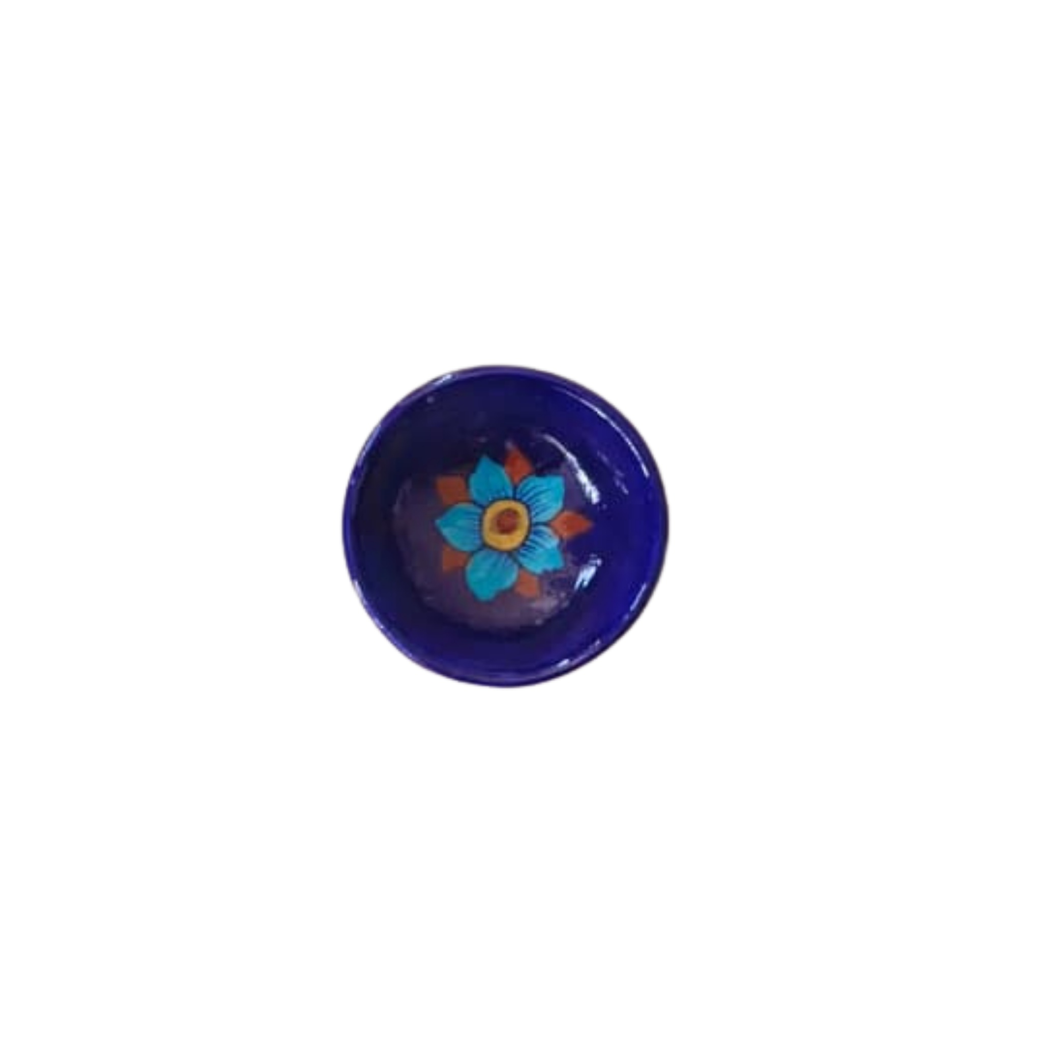 Round Blue Pottery Diya with Floral Accent | Hand-Painted Oil Lamp