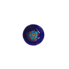Round Blue Pottery Diya with Floral Accent | Hand-Painted Oil Lamp