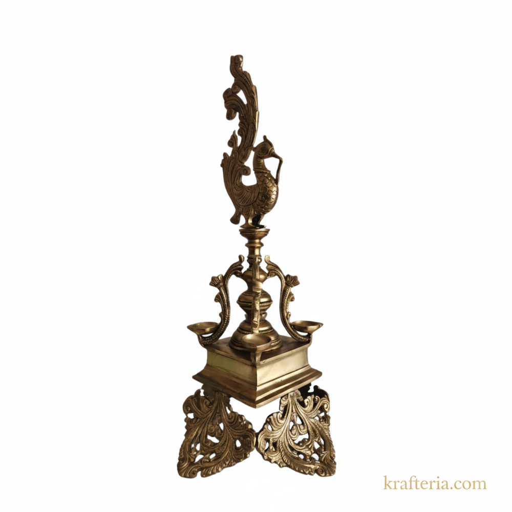 Brass Peacock Pedestal Diya – 4 Wick Traditional Standing Oil Lamp   Brass Artwork