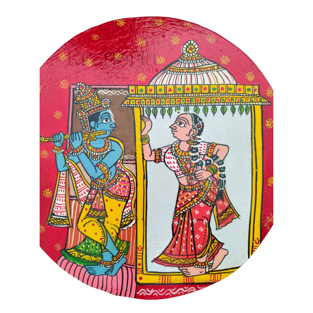 Cheriyal Radha Krishna Doorway Wall Art – Hand-Painted Round Design   wall decor