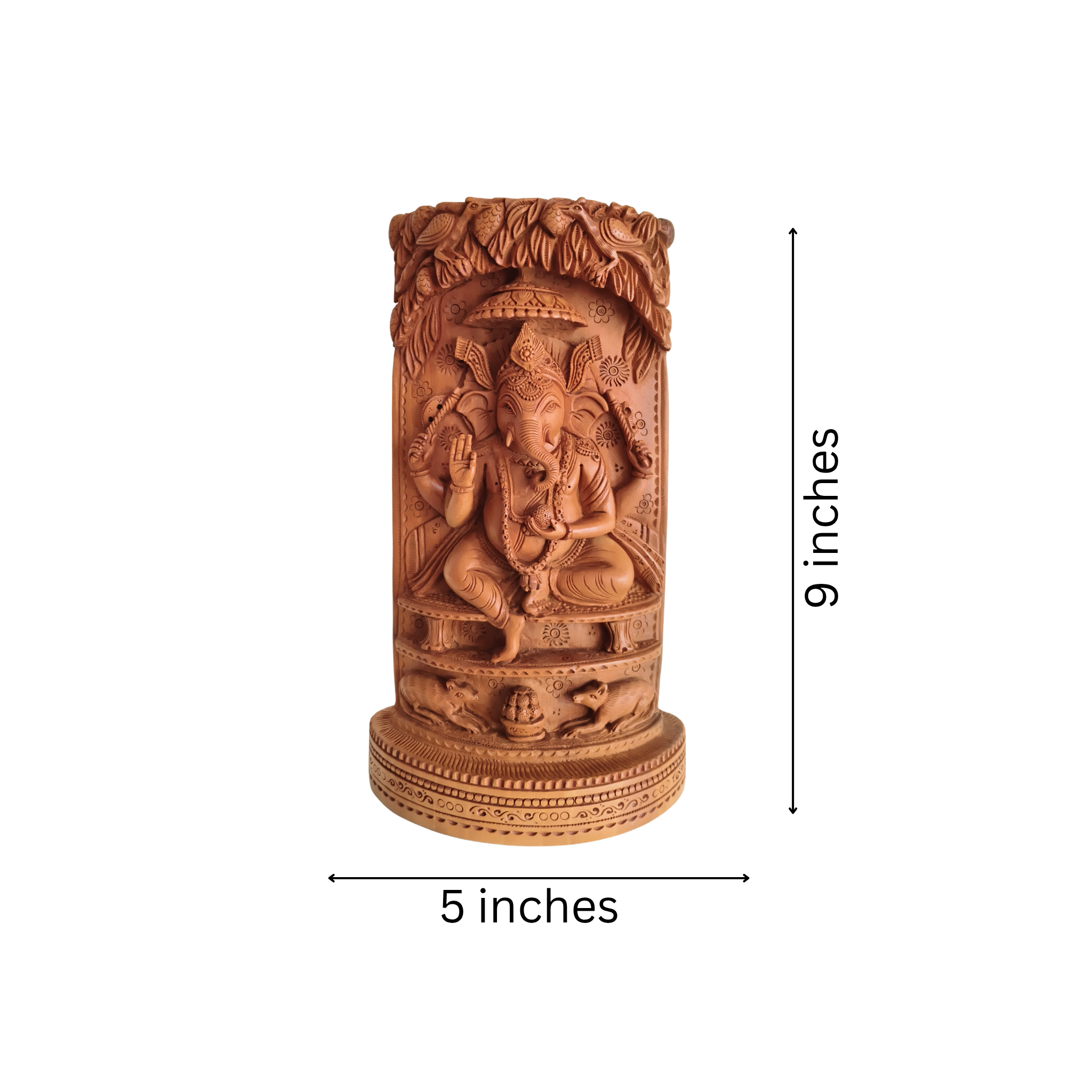 Intricate Cylindrical Wooden Carving with Ganesha and Sacred Cow Scenes