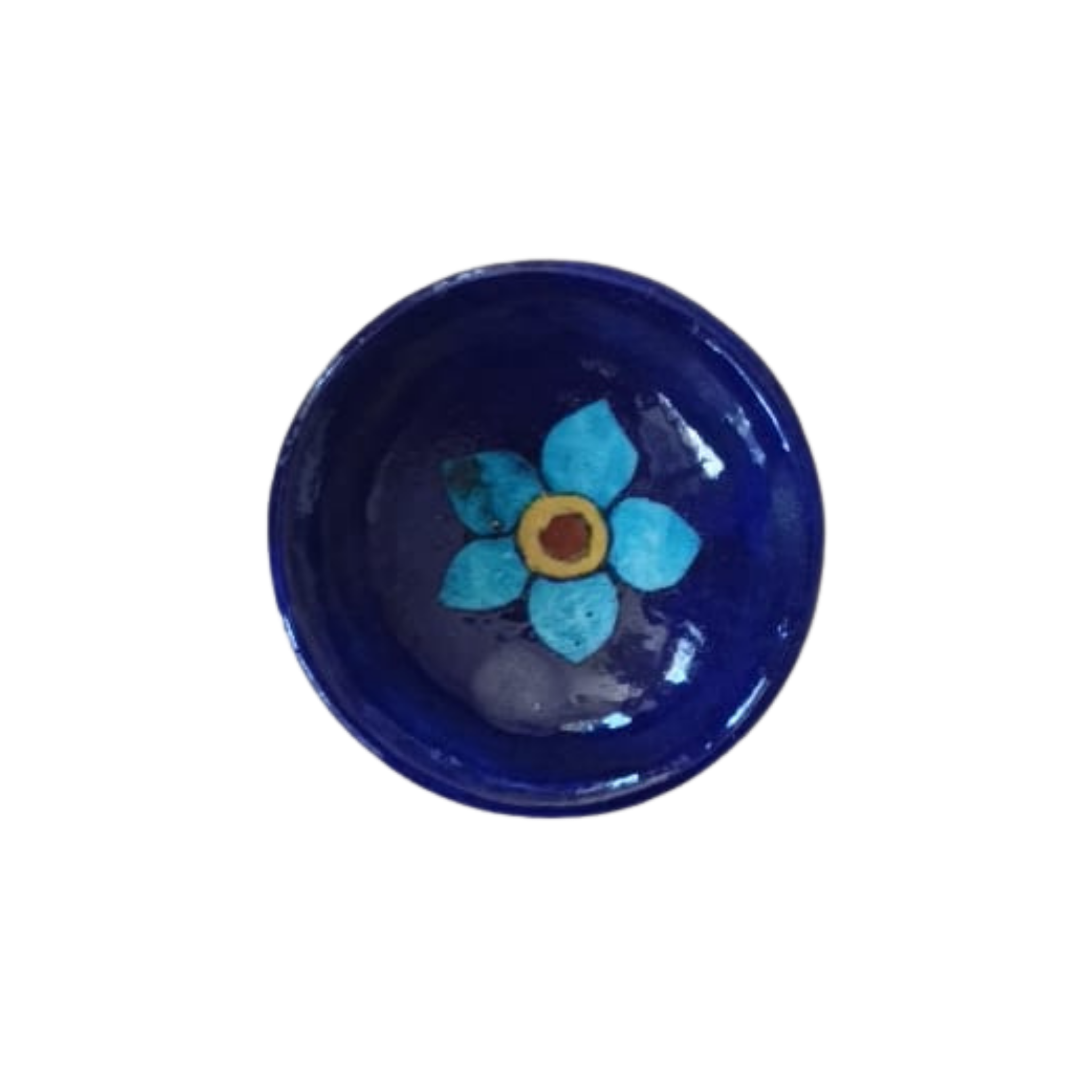Round Blue Pottery Diya with Floral Accent | Hand-Painted Oil Lamp