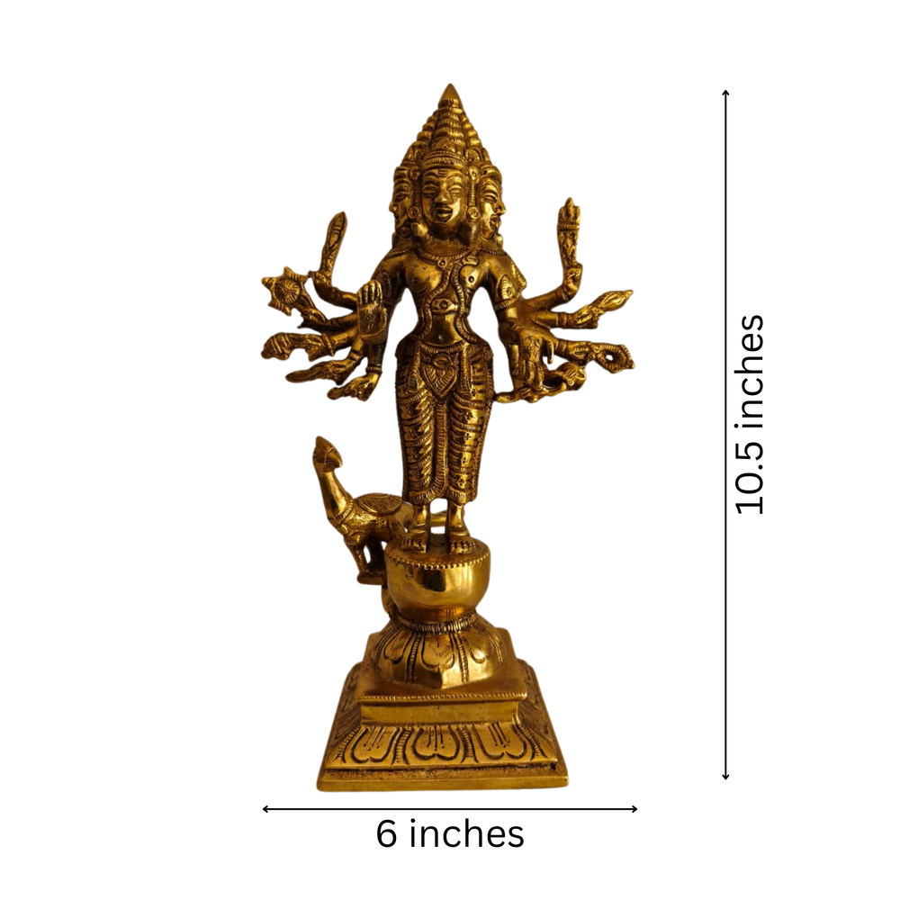 Shanmukha Murugan Brass Idol - 6 Faced Lord Kartikeya Statue with Vel and Peacock   Brass Artwork