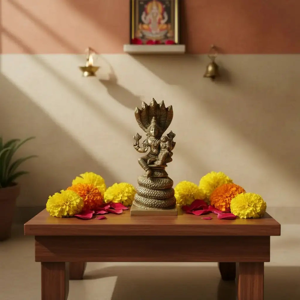 Seated Vishnu and Lakshmi on Brass Sheshnag statue   Brass Ware