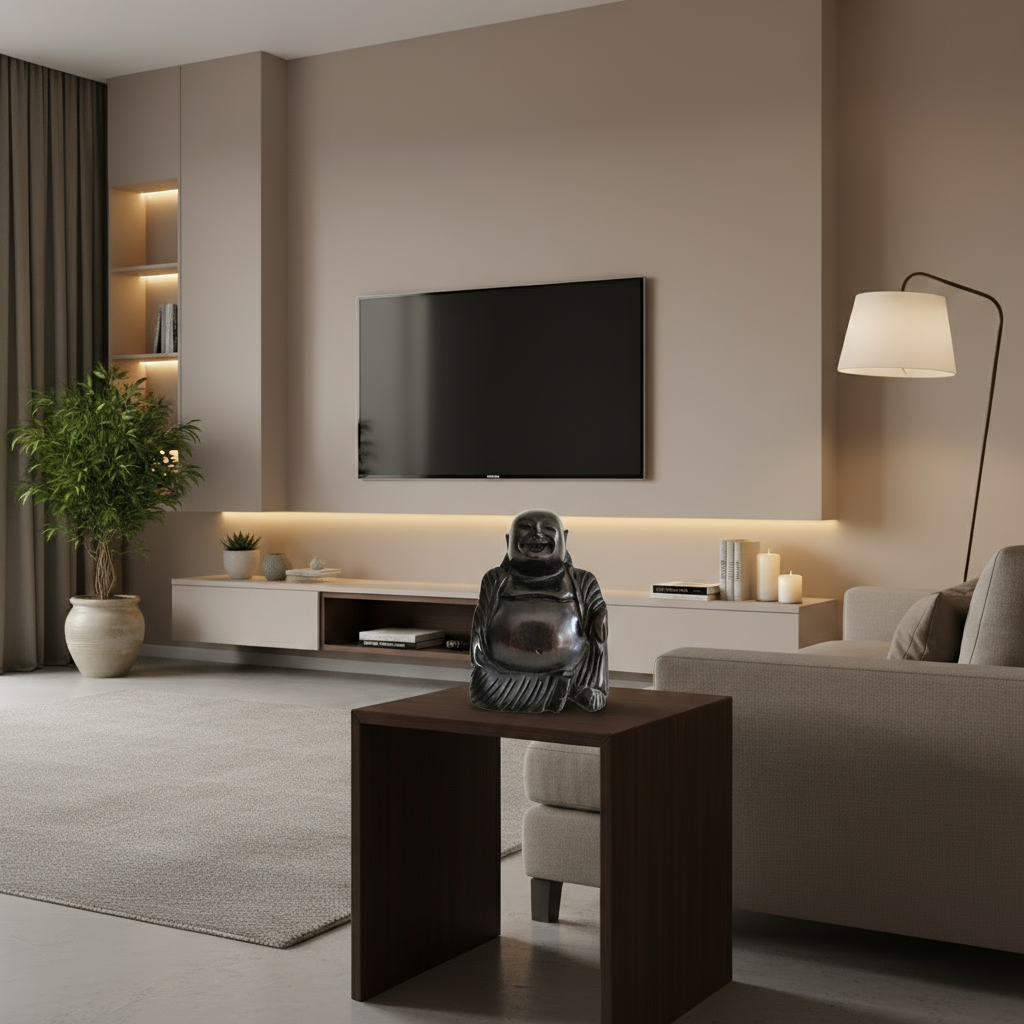 Miniature dark wood finish Laughing Buddha figurine with hand-carved detailing and cheerful expression