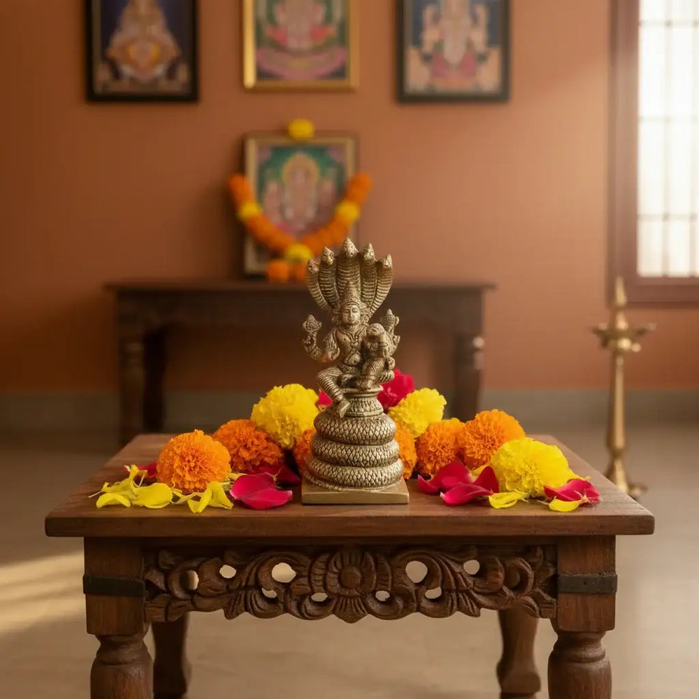 Seated Vishnu and Lakshmi on Brass Sheshnag statue   Brass Ware