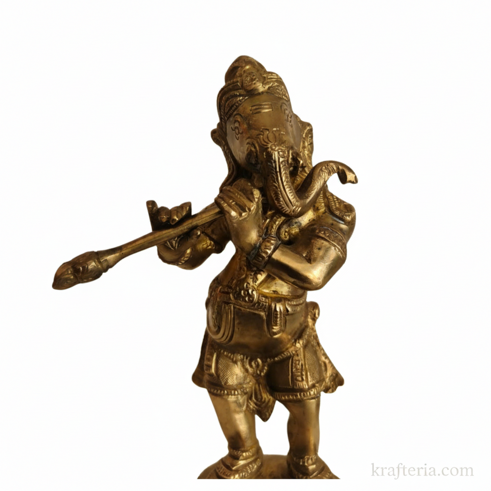 Lord Ganesha Playing Flute Altar Idol   Brass Artwork