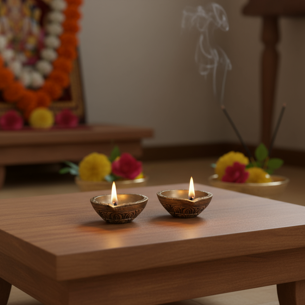 Pair Classic Brass Diya - Hand-Etched Traditional Oil Lamp for Puja