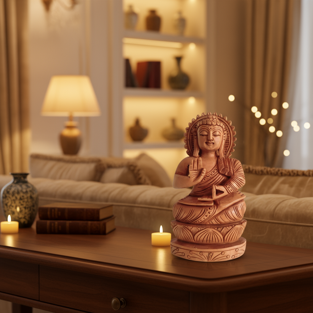 Hand-Carved Wooden Buddha Statue in Vitarka Mudra on Lotus Base