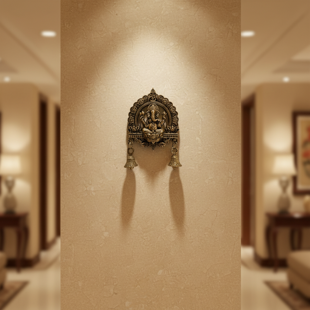 Antique Brass Finish Ganesha Wall Hanging with Bells  