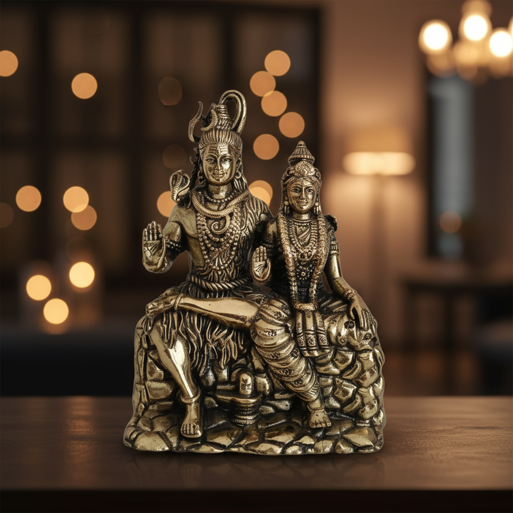 Brass Shiva Parvati Idol – Uma-Maheshwara Seated on Kailash