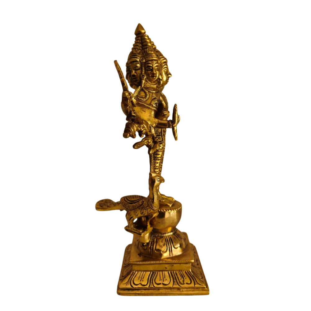 Shanmukha Murugan Brass Idol - 6 Faced Lord Kartikeya Statue with Vel and Peacock   Brass Artwork