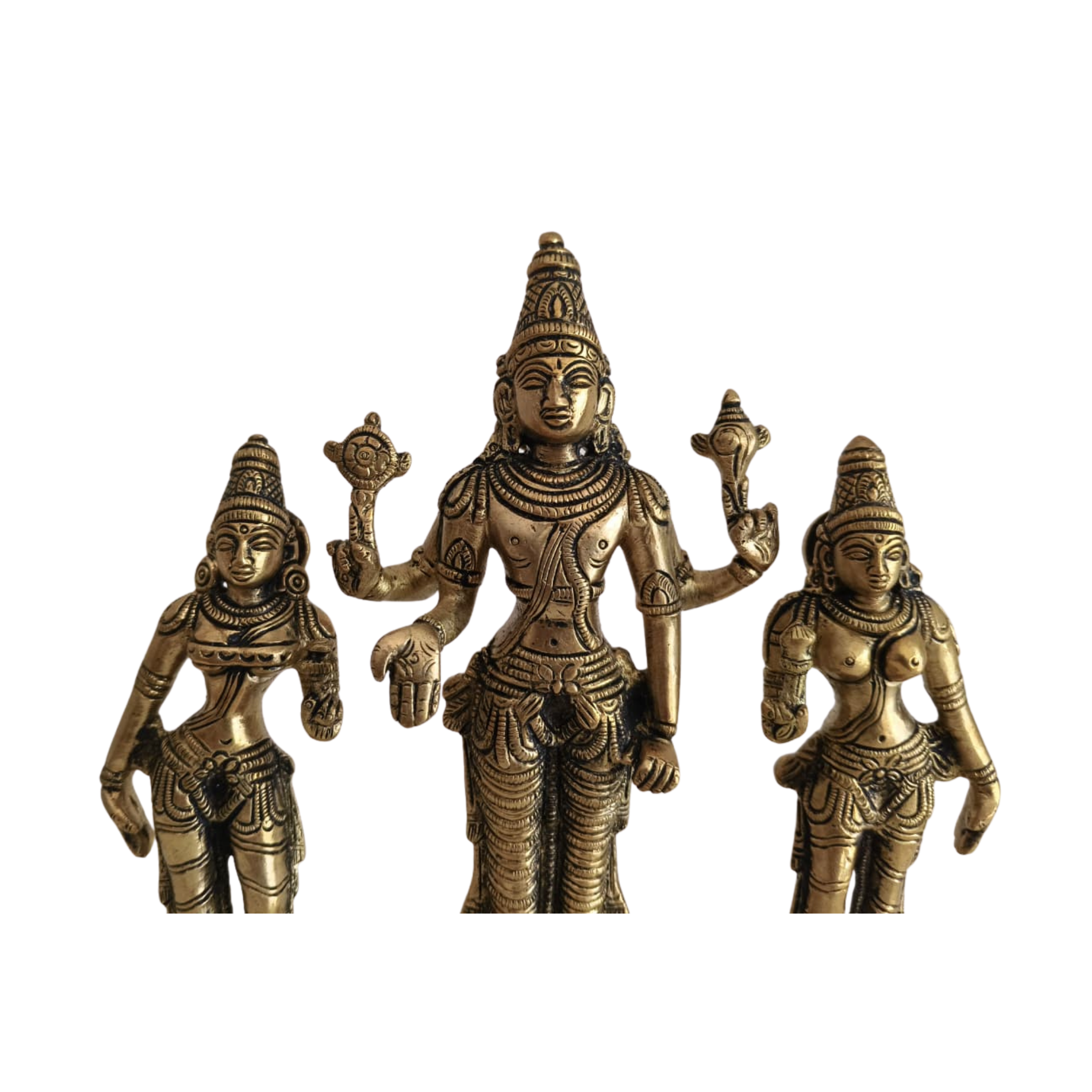 Brass Trimurti Idol of Lord Vishnu, Lakshmi, and Saraswati