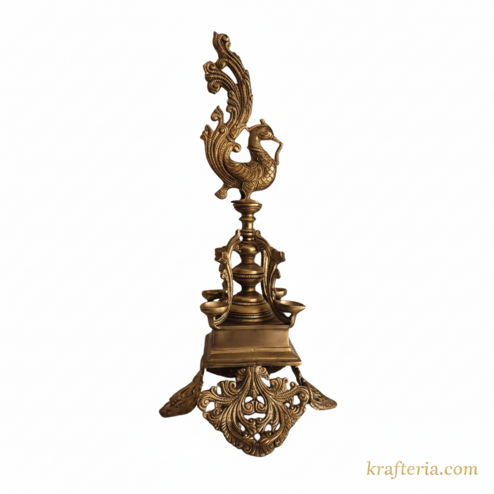 Brass Peacock Pedestal Diya – 4 Wick Traditional Standing Oil Lamp   Brass Artwork