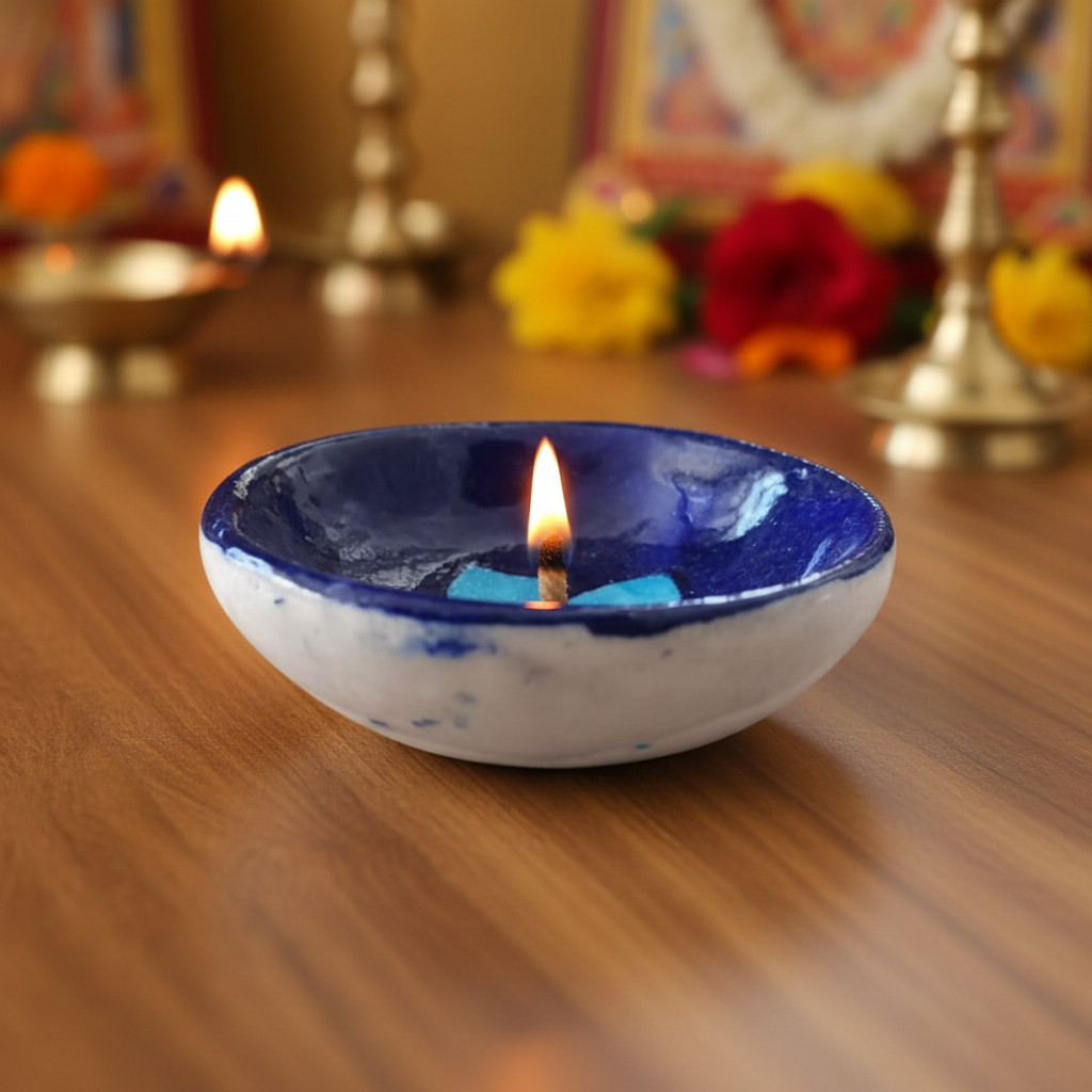 Round Blue Pottery Diya with Floral Accent | Hand-Painted Oil Lamp