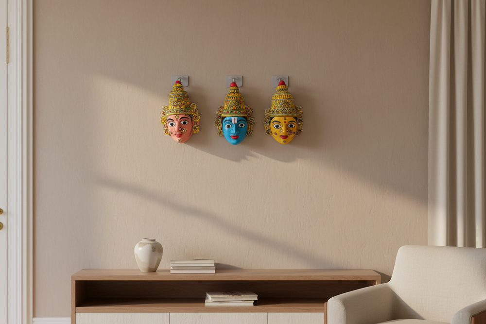 Set of 3 Cheriyal Masks – Balaji, Lakshmi Devi & Padmavathi   wall decor
