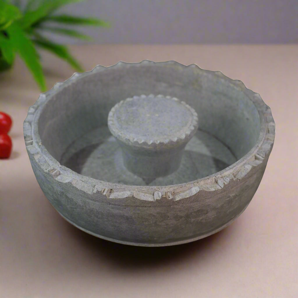 Urli Bowl in Soft Stone with Statue Holder – Artistic Puja Accent