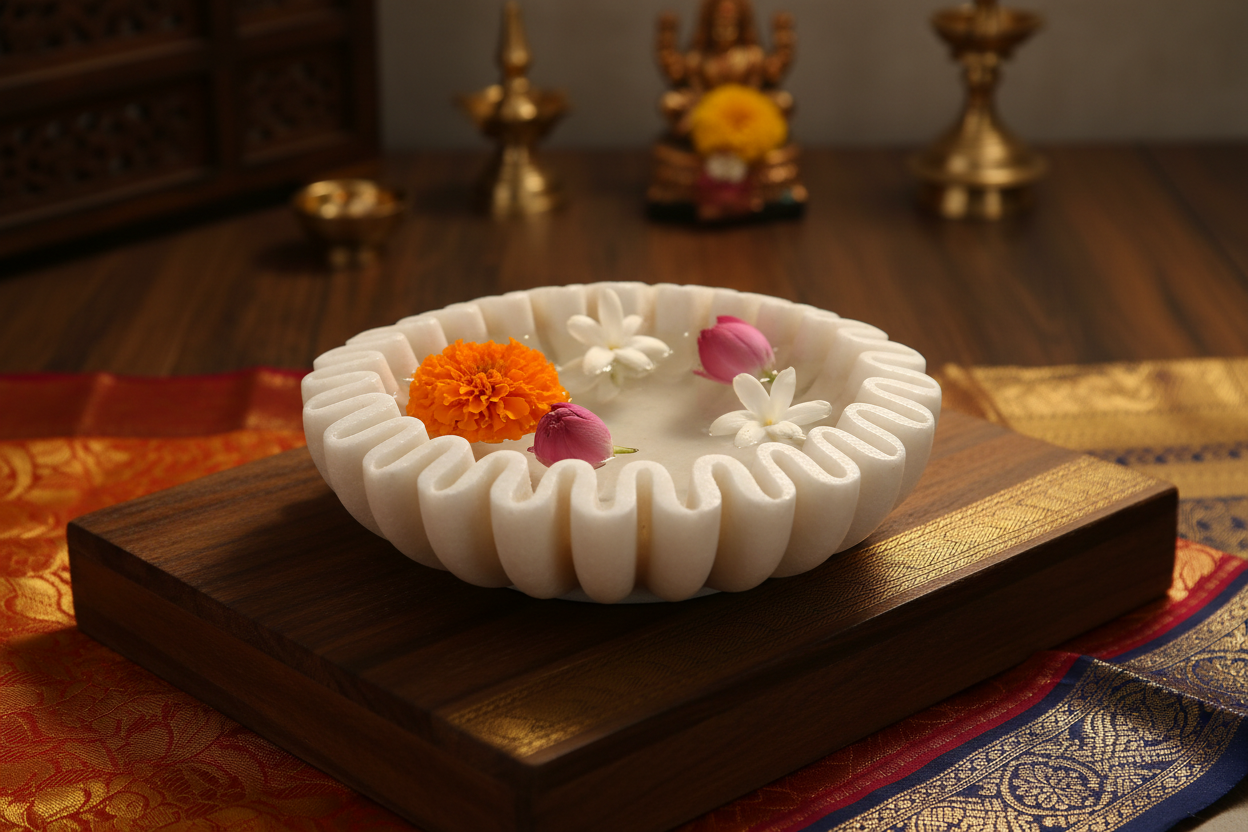 Elegant white marble decorative bowl with ruffle edge design.